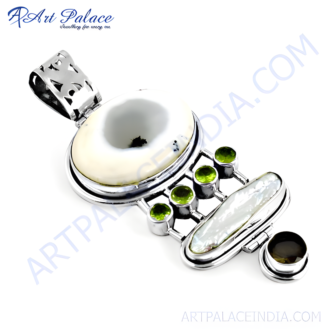 925 sterling silver pendant with dendritic opal, peridot stones, and pearl. A stunning piece of gemstone jewelry.