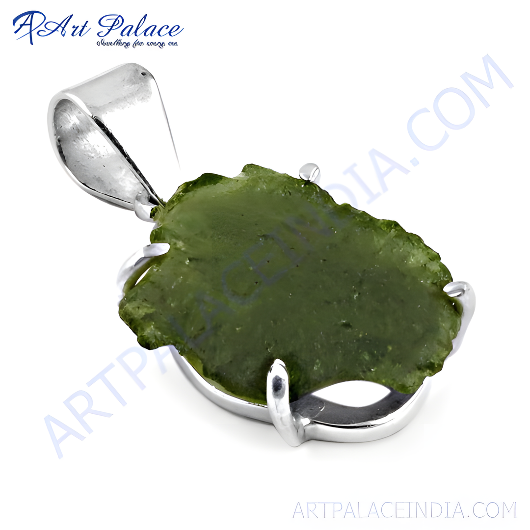 Sterling silver pendant with a green moldavite gemstone, perfect for necklace.