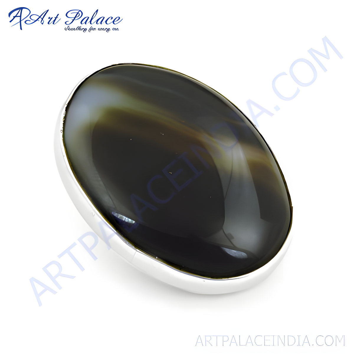 Sterling silver ring with a large, polished oval shaped black onyx gemstone set against a white background