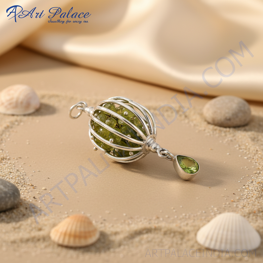 925 Silver Peridot Cage Pendant Necklace | Green Stone Jewelry
