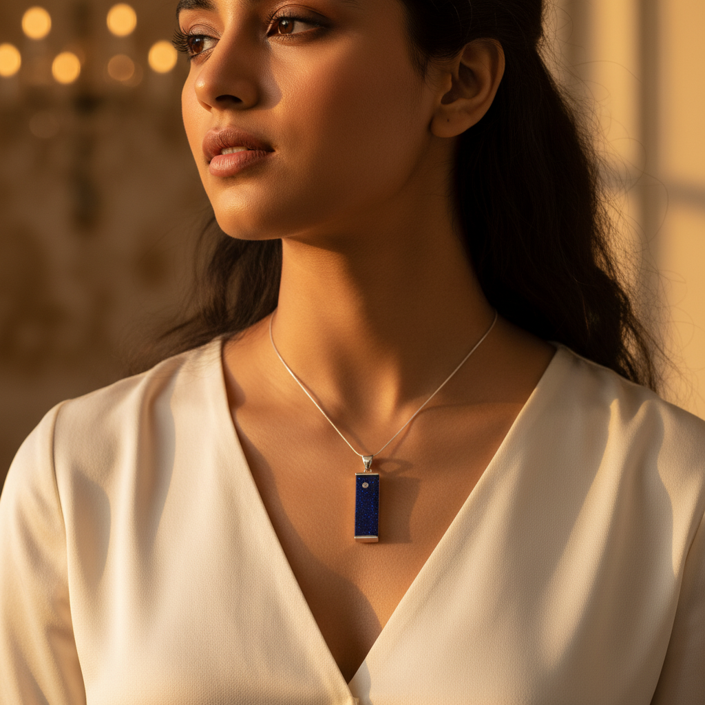 925 Silver Blue Sandstone Pendant | Rectangle Pendant for Women