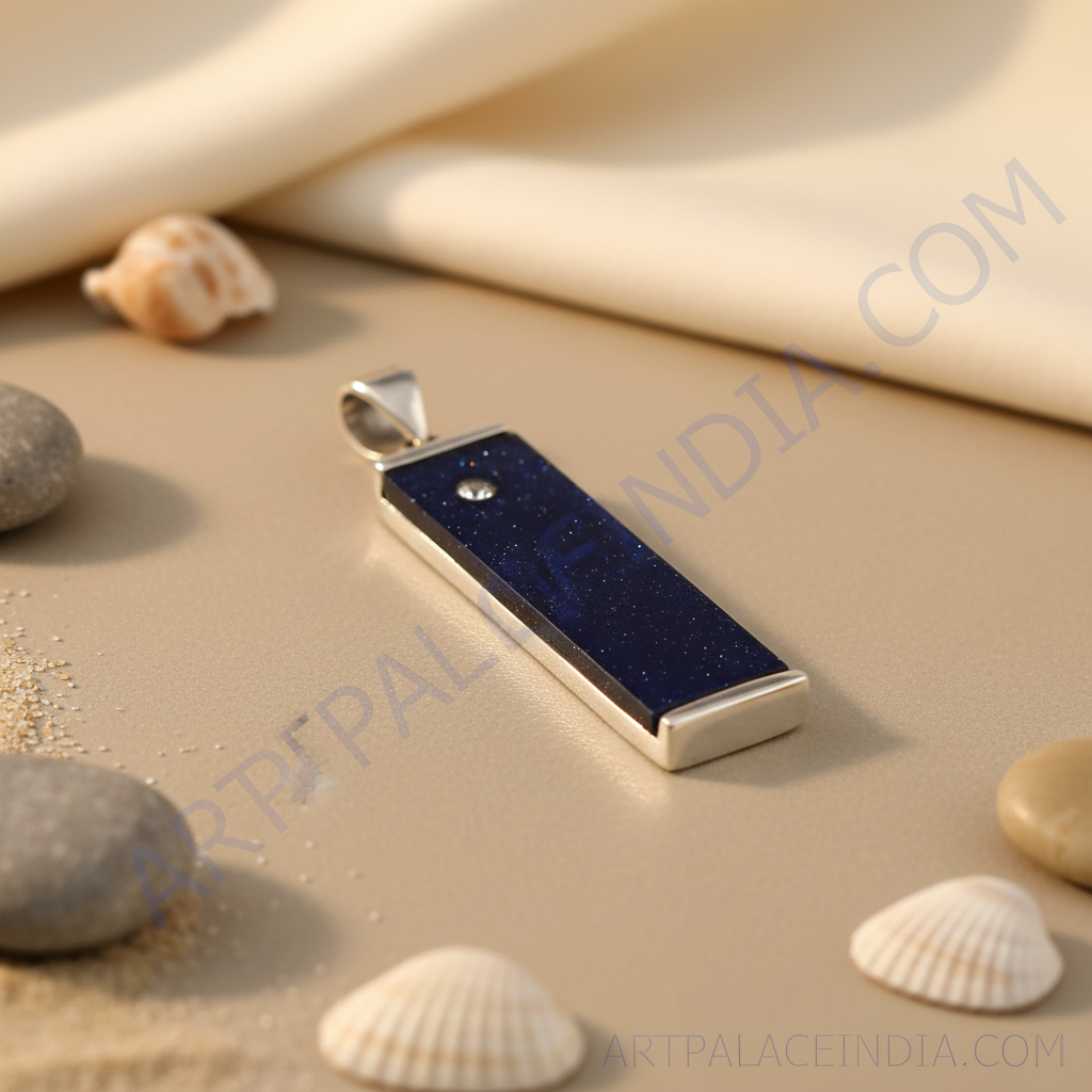 925 Silver Blue Sandstone Pendant | Rectangle Pendant for Women