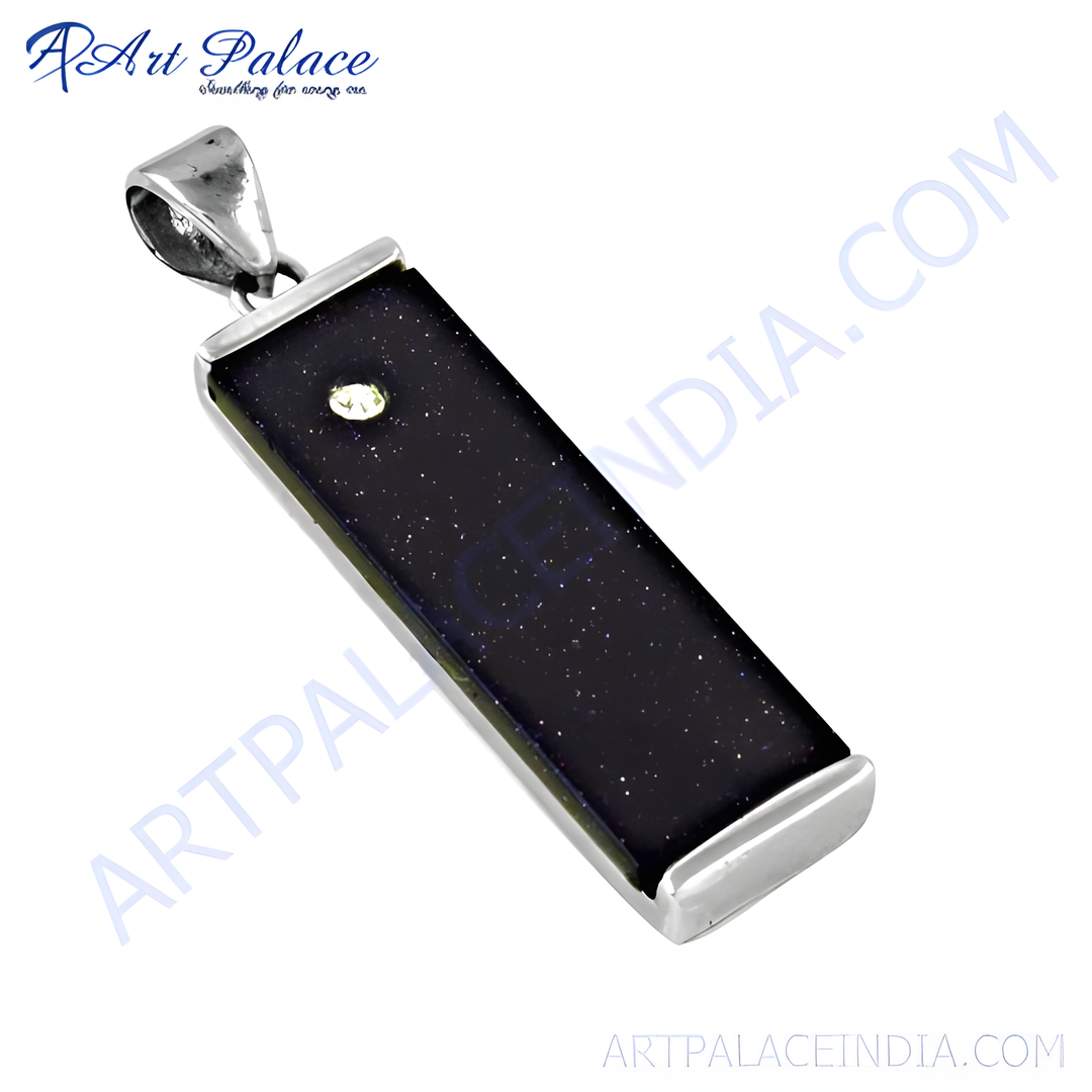 925 sterling silver rectangular blue sandstone pendant with sparkling stone accent.