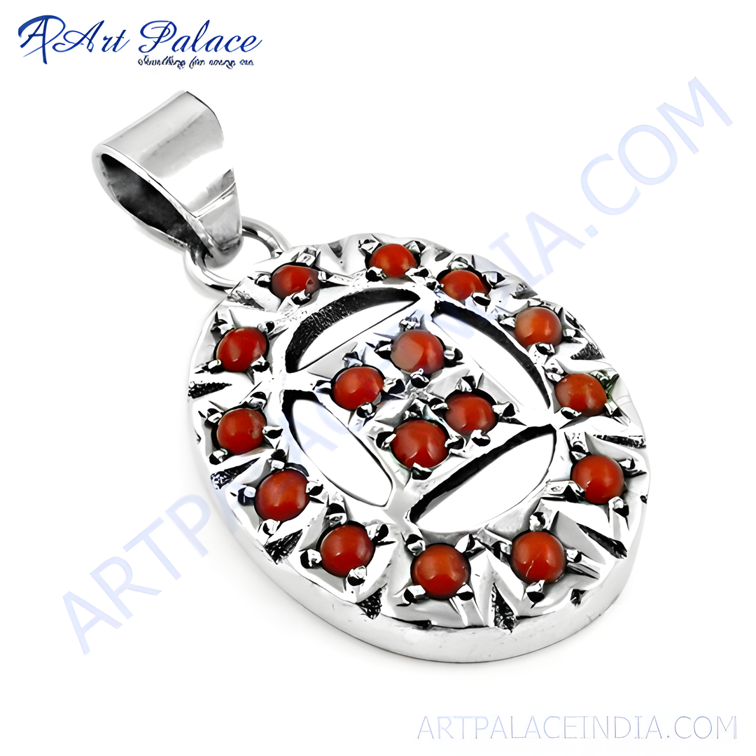 Sterling silver pendant with oval design and multiple red coral gemstones, perfect for women.
