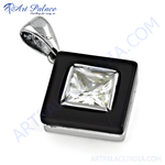 Load image into Gallery viewer, Sterling silver square pendant with black onyx setting and sparkling cubic zirconia gemstone
