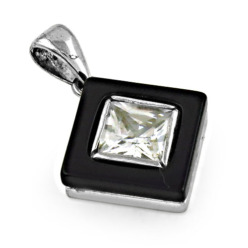 Silver Onyx & Cubic Zirconia Pendant for Women | Square Jewelry