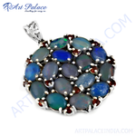 Load image into Gallery viewer, Sterling silver pendant with oval-cut opals and red garnets, gemstone jewelry for women
