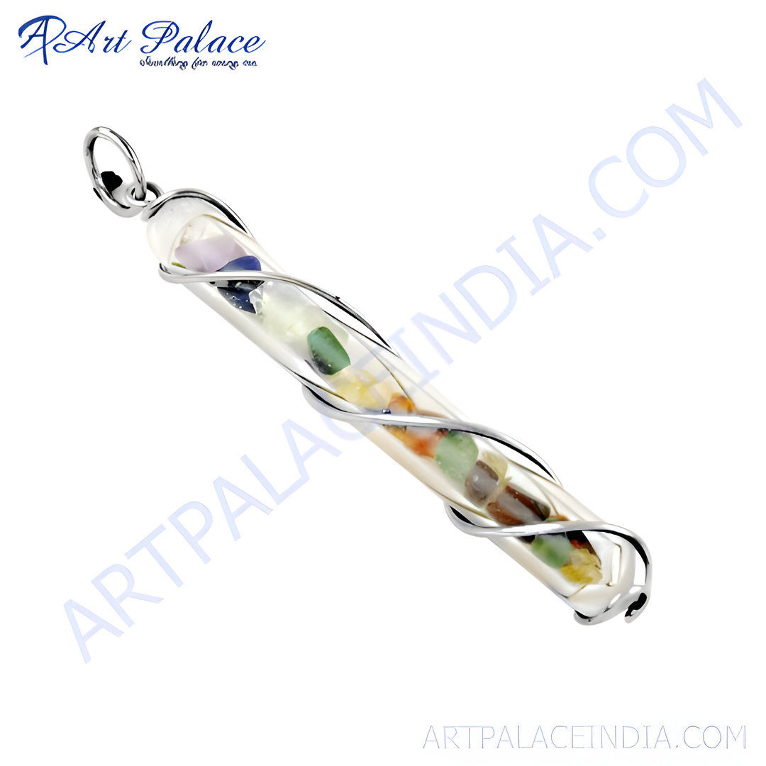 Sterling silver gemstone pendant necklace with colorful stones in a clear tube design.