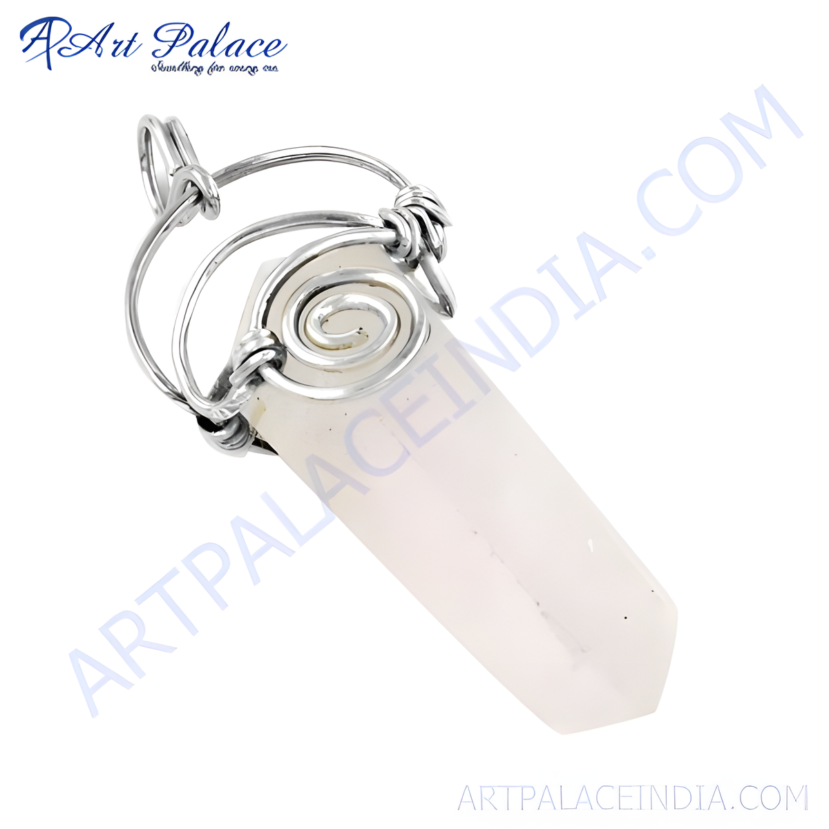 Silver pendant featuring a quartz crystal gemstone, showcasing a light color and an elegant design