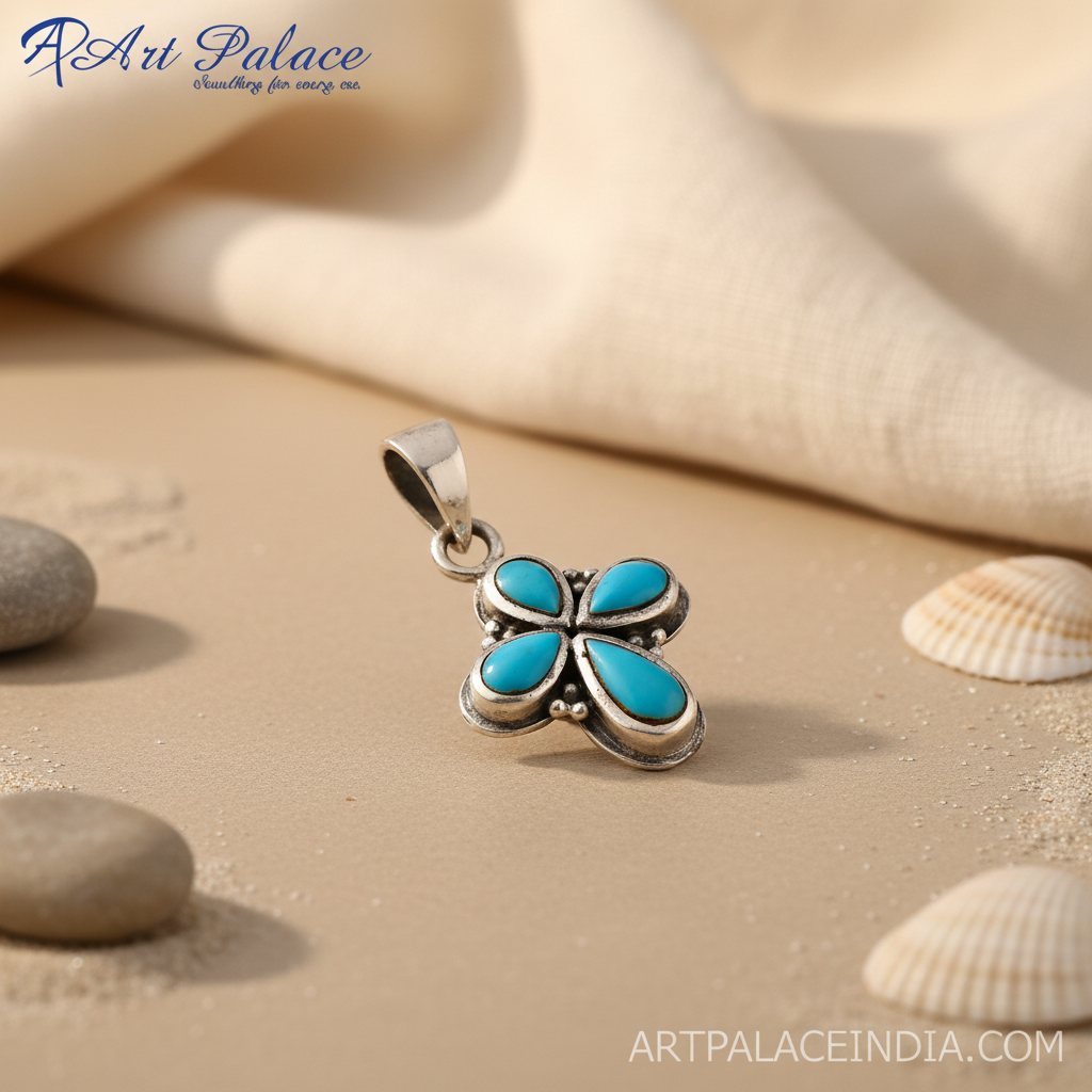 925 Sterling Silver Turquoise Flower Pendant for Women