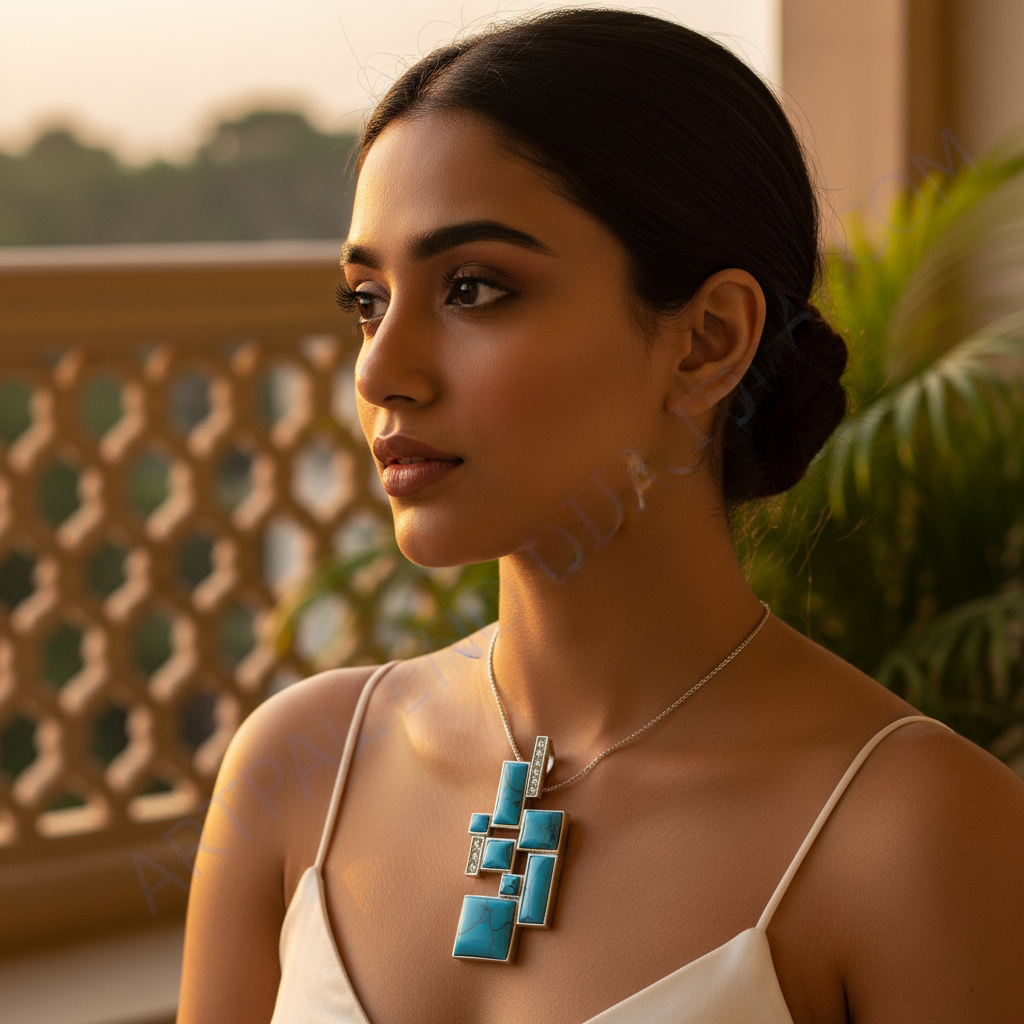 Silver Turquoise Pendant Necklace | Geometric Design for Women