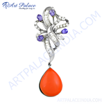将图像加载到图库查看器中， Silver pendant with orange coral teardrop and tanzanite accents, a beautiful gemstone jewelry piece.
