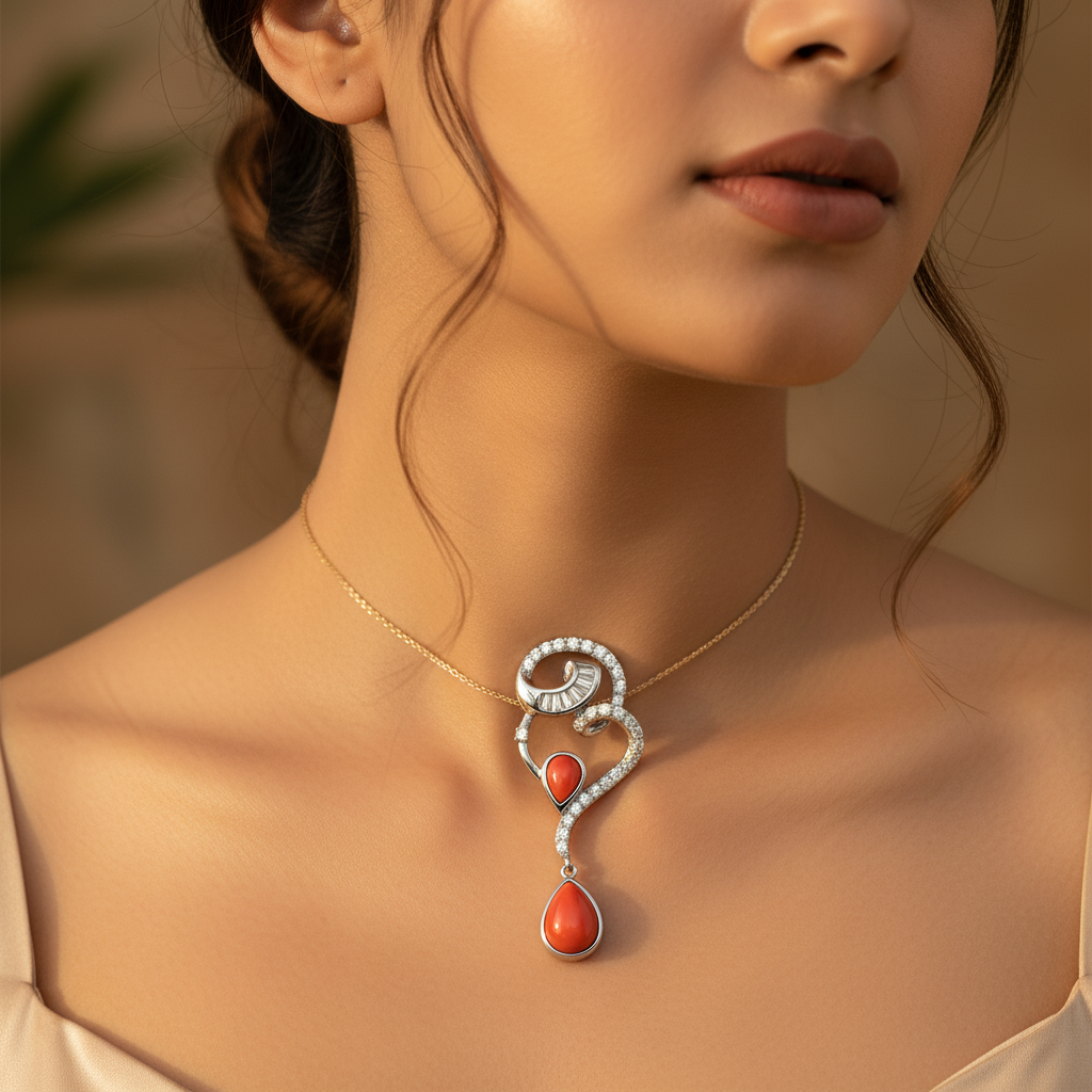 Collar con colgante de coral plateado para mujer | Joyería con piedras preciosas