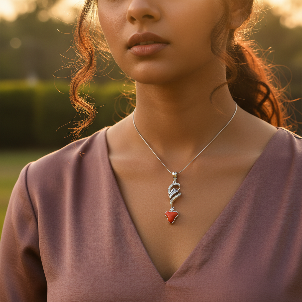 Collar con colgante de coral plateado para mujer | Joyas con piedras preciosas