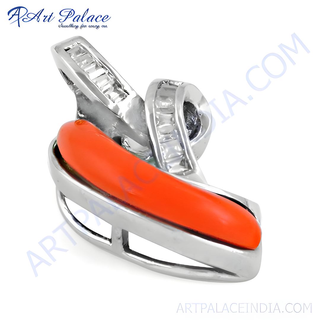 Sterling silver pendant with vibrant orange coral gemstone for women.