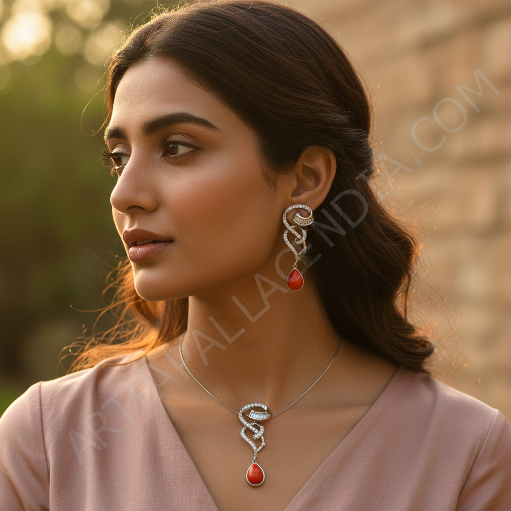 Collar con colgante de coral en plata 925 para mujer | Joyería con forma de lágrima