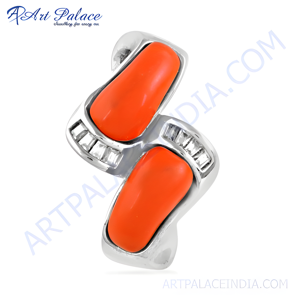 Silver ring with two orange coral gemstones, unique fashion jewelry for women