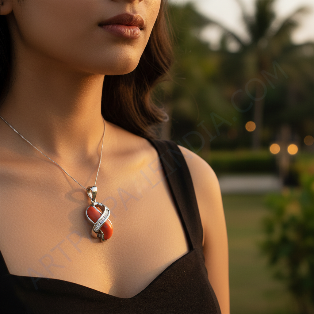 Colgante de coral en plata 925 con detalles de diamantes | Regalo para ella