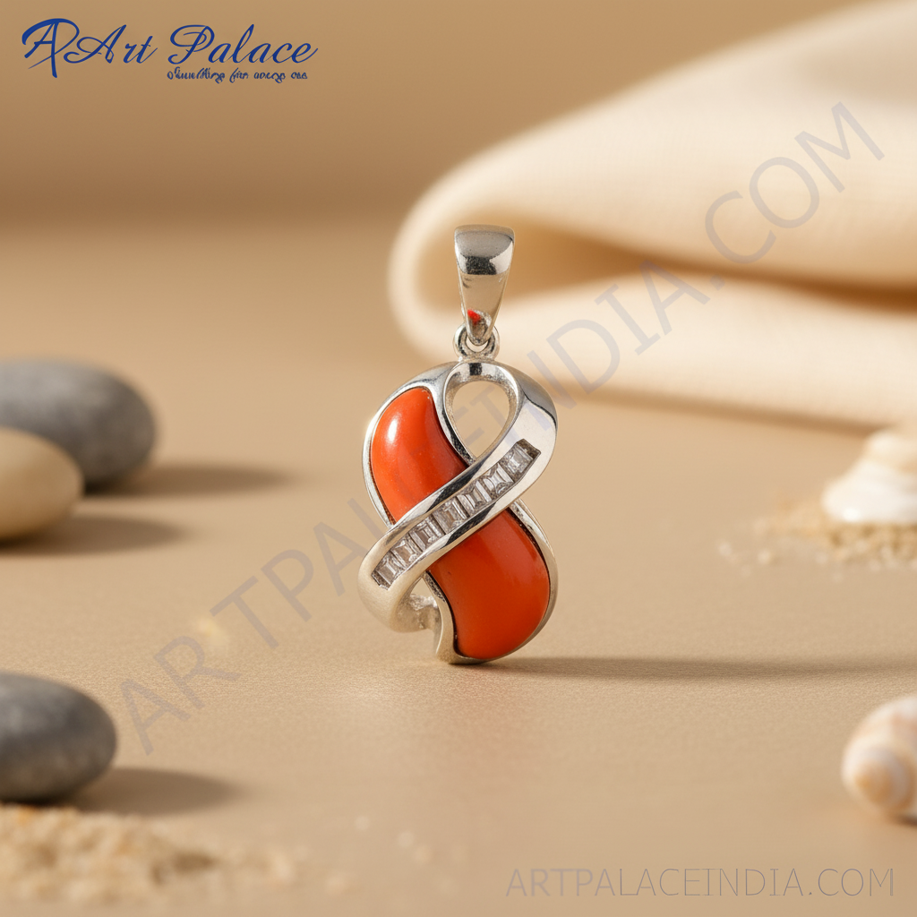 Colgante de coral en plata 925 con detalles de diamantes | regalo para ella