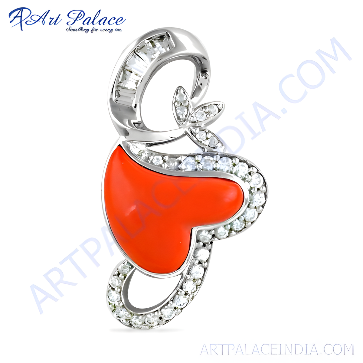 Sterling silver heart pendant necklace with red coral and sparkling stones for women