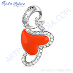 Load image into Gallery viewer, Sterling silver heart pendant necklace with red coral and sparkling stones for women.
