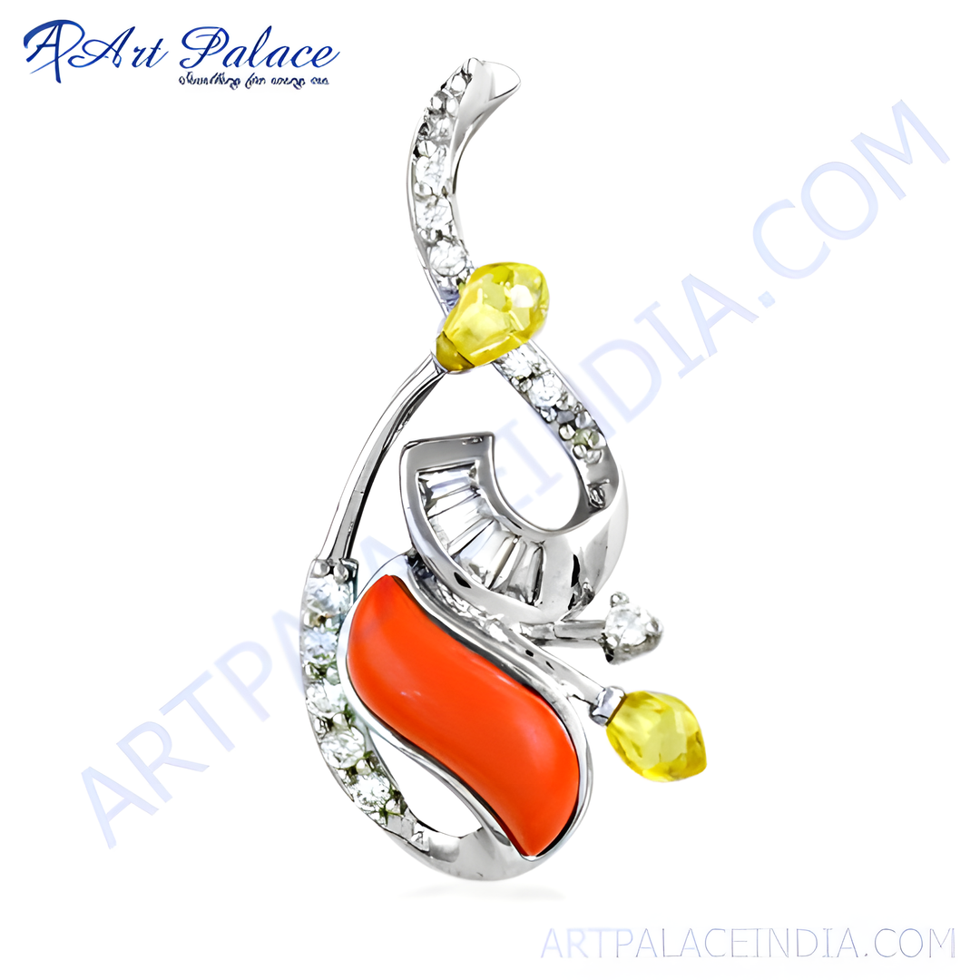 Silver pendant with coral and yellow gemstones, a unique and modern jewelry piece