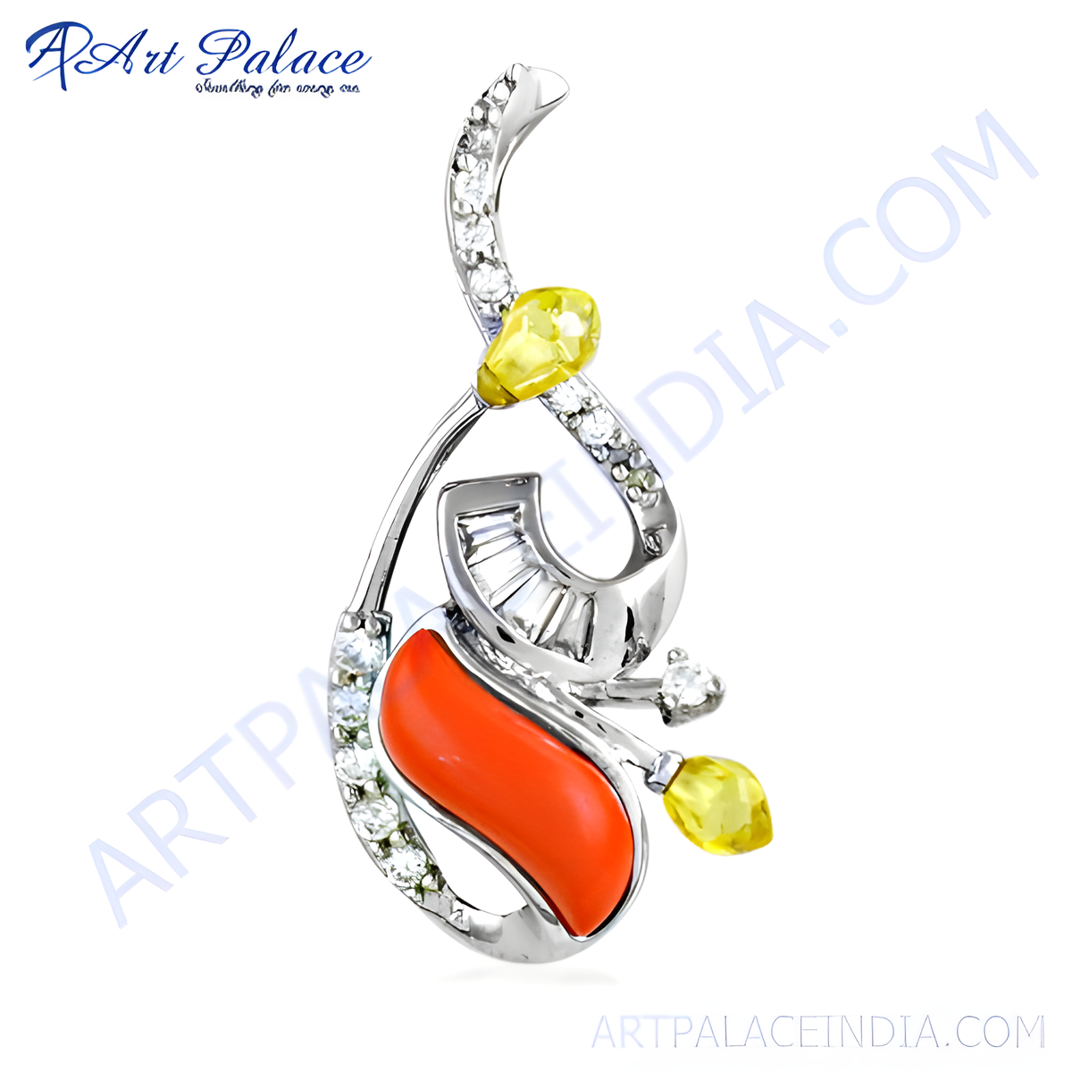 Silver pendant with coral and yellow gemstones, a unique and modern jewelry piece