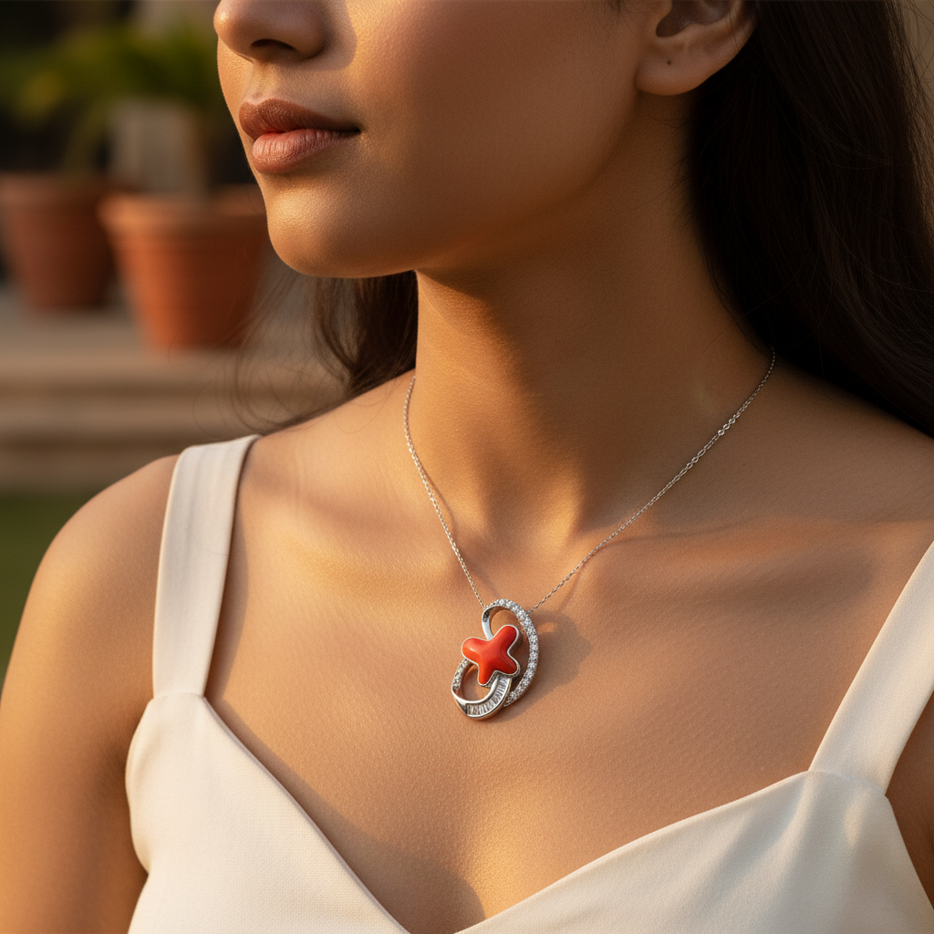 Collar con colgante de cruz de coral y plata | Regalo de joyería para mujer