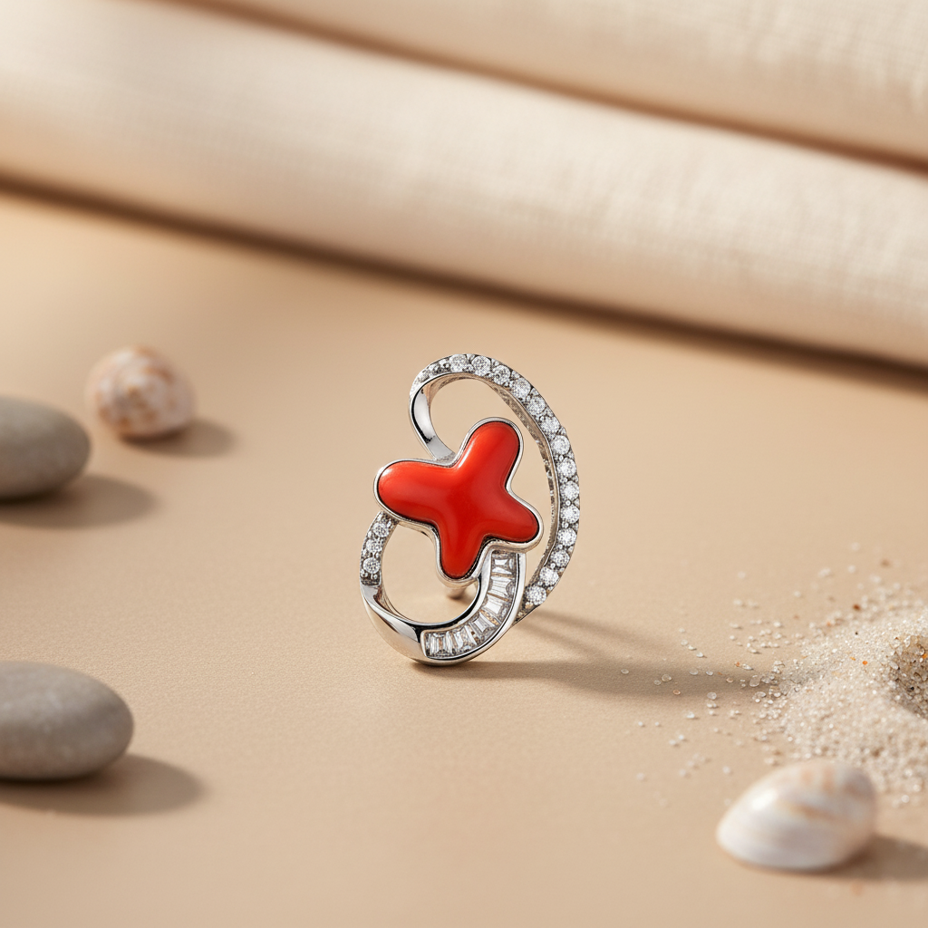 Collar con colgante de cruz de coral y plata | regalo de joyería para mujer