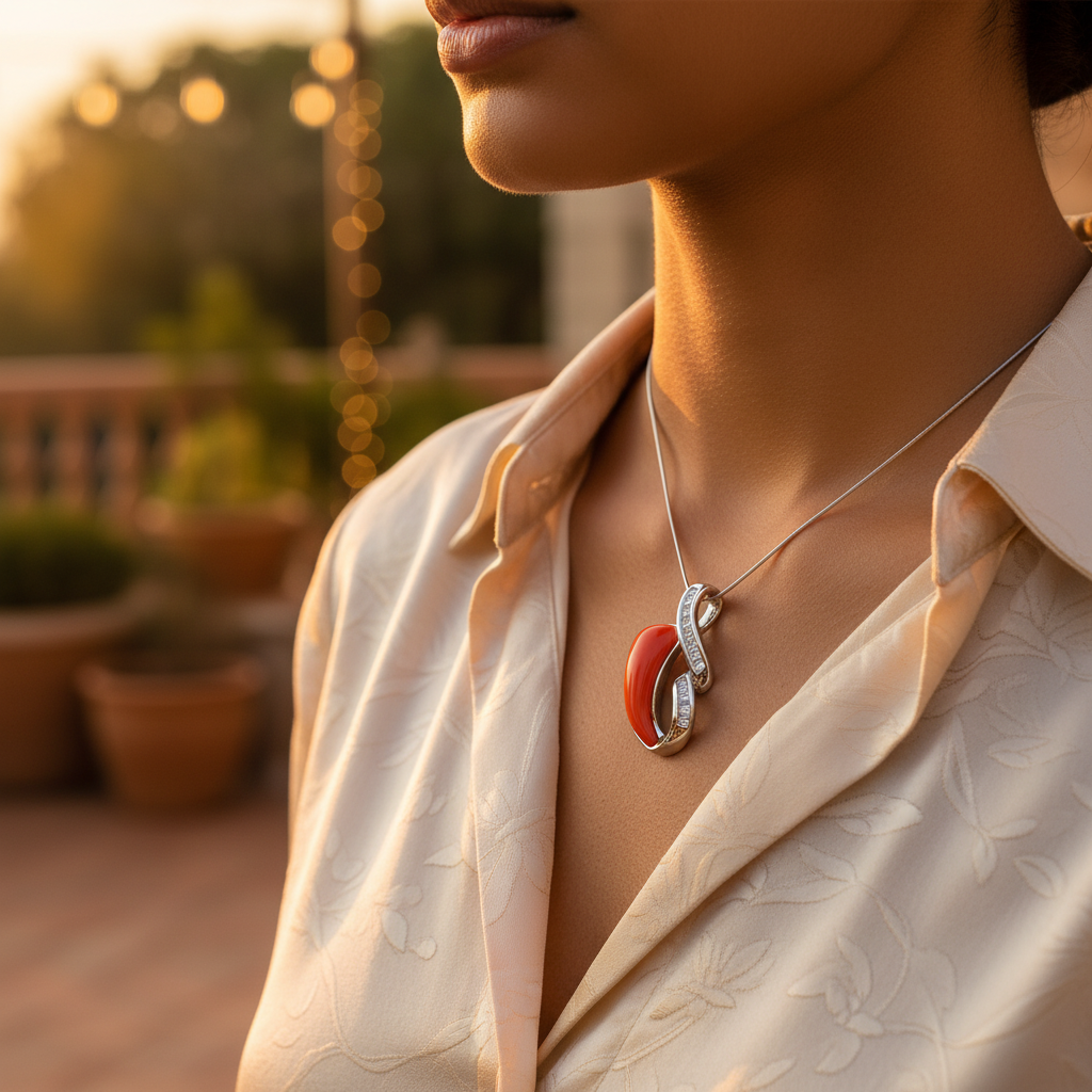 Colgante de plata con coral y diamantes para mujer | Joyería de moda