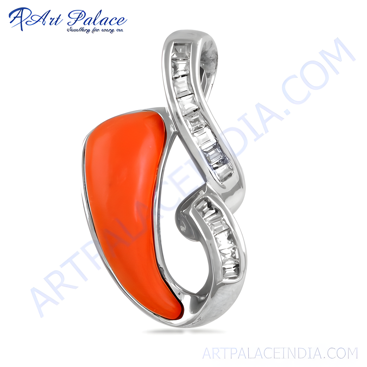 Sterling silver pendant with vibrant coral gemstone and sparkling diamonds