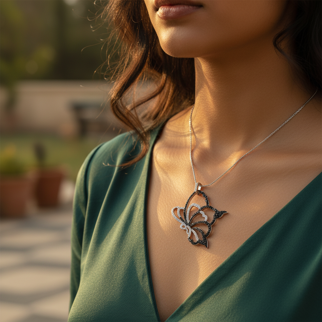 925 Silver Butterfly Pendant | Black & White Crystal Jewelry