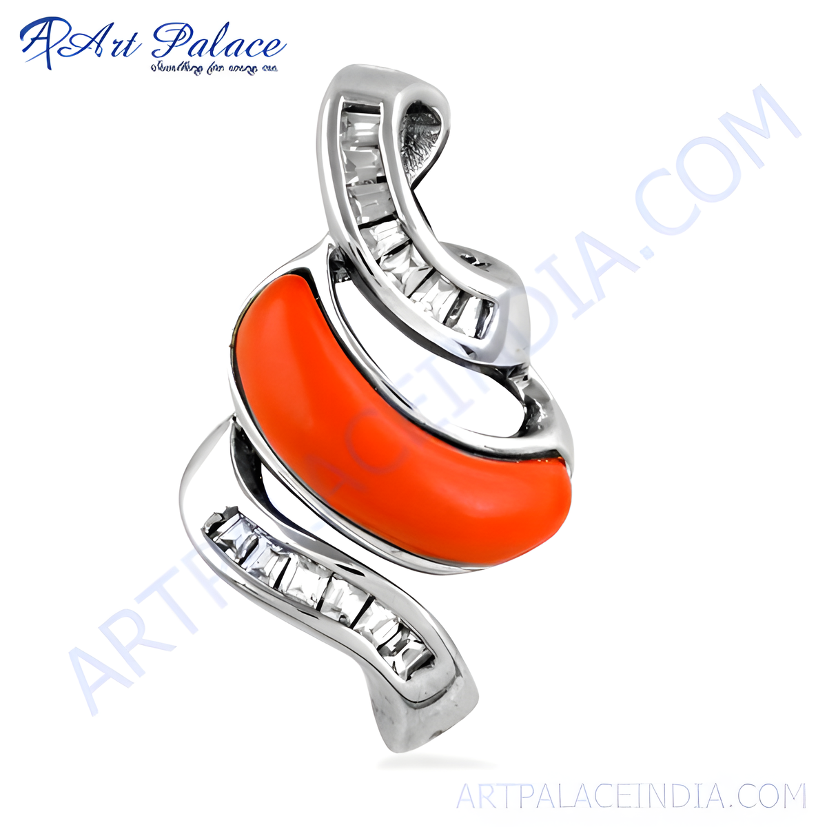 925 sterling silver pendant with orange enamel and baguette cut cubic zirconia stones