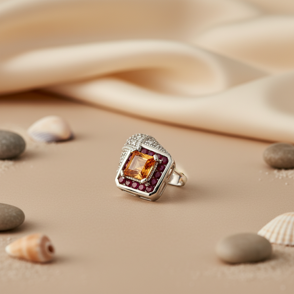 Silver Ring with Orange Gemstone & Ruby | Women's Ring