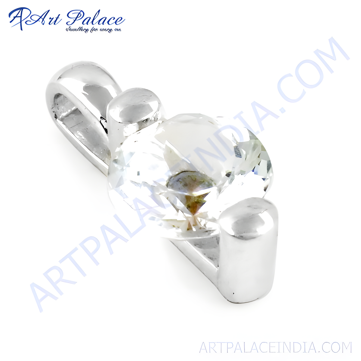 Silver pendant with large, clear crystal gemstone, showcasing a sparkling, elegant design