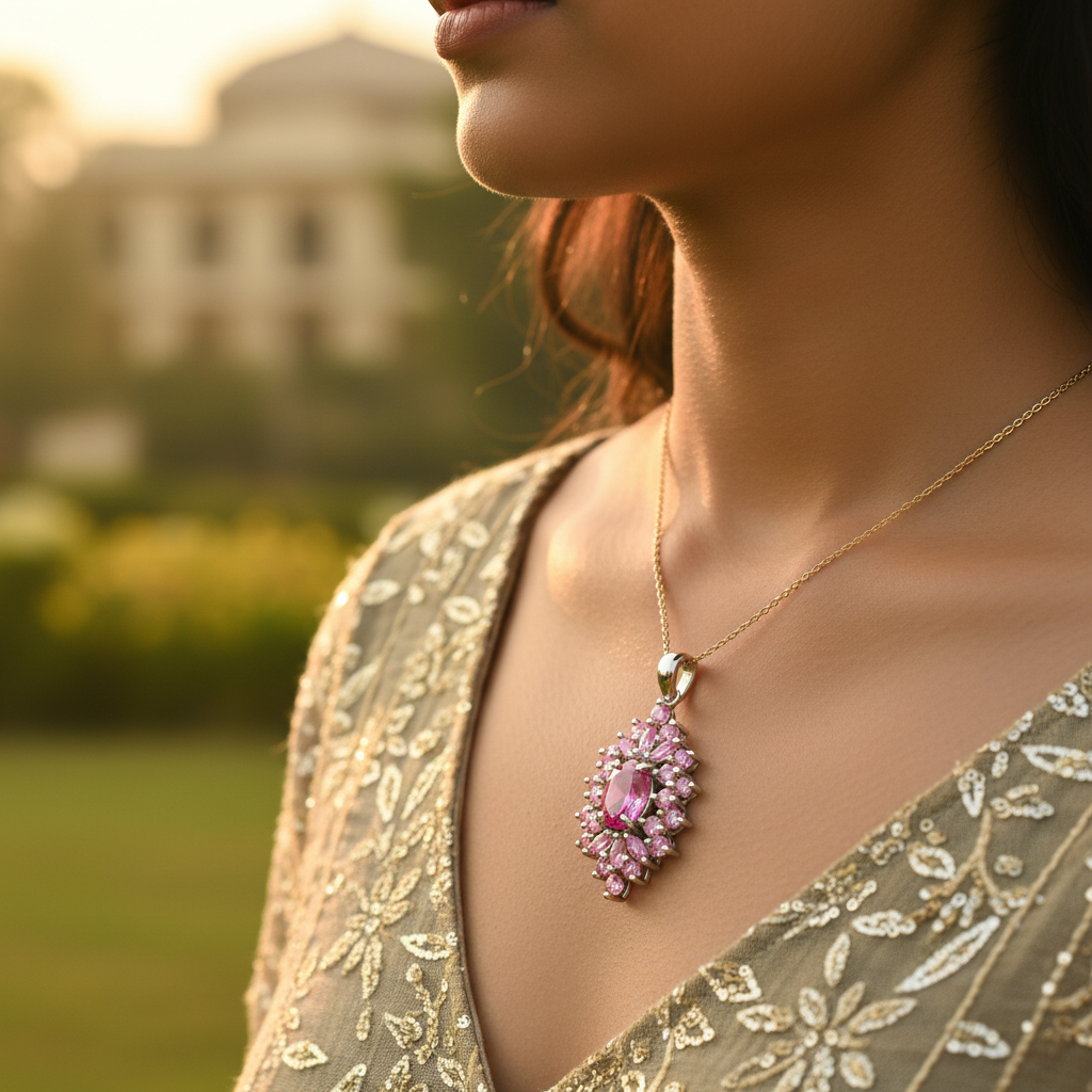 女士粉色宝石吊坠 | 纯银首饰礼品