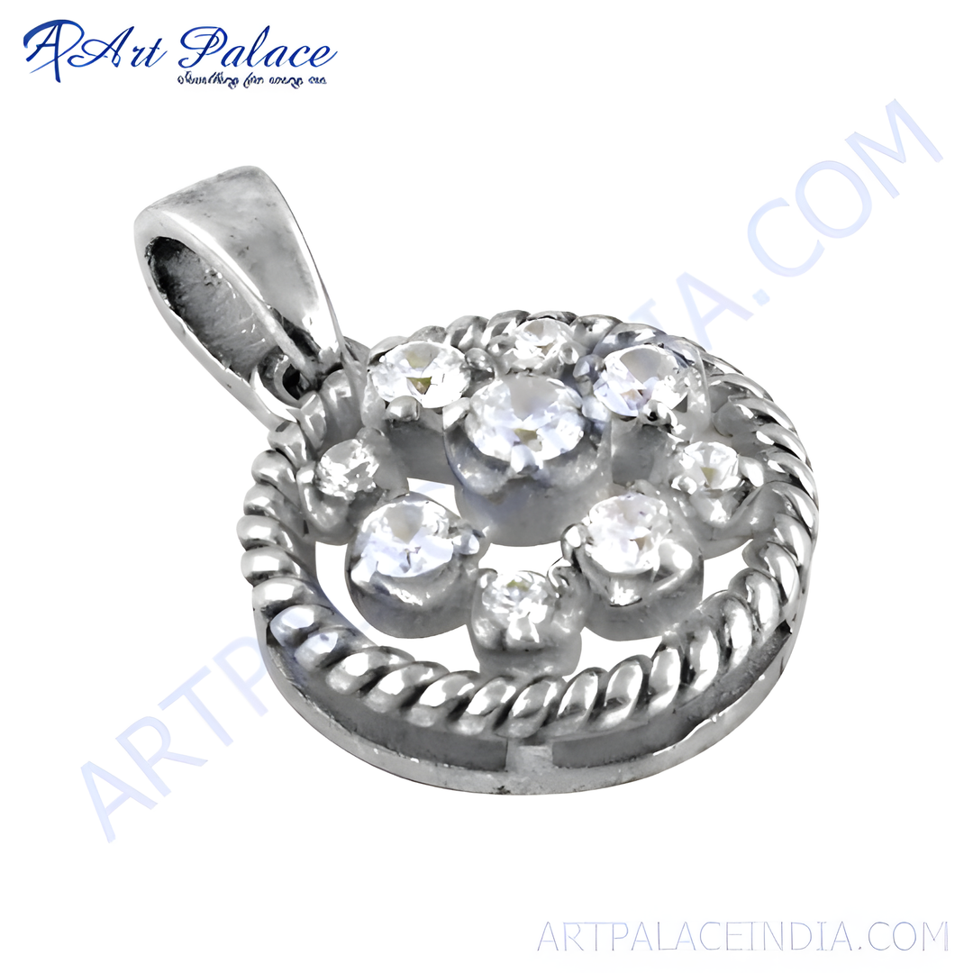 925 sterling silver pendant with round cubic zirconia stones on a white background, jewelry product.
