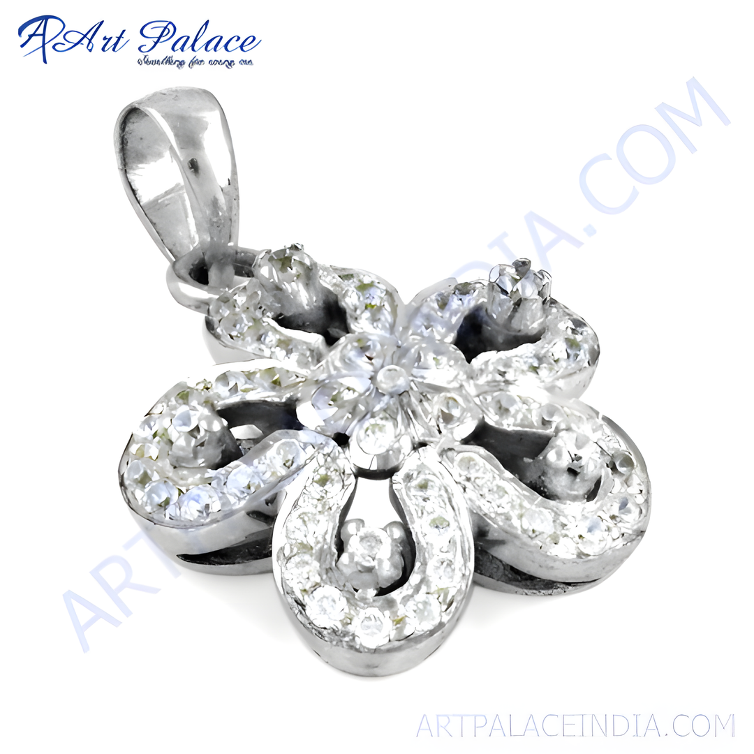 Sterling silver flower pendant necklace with diamond pave detailing for women.
