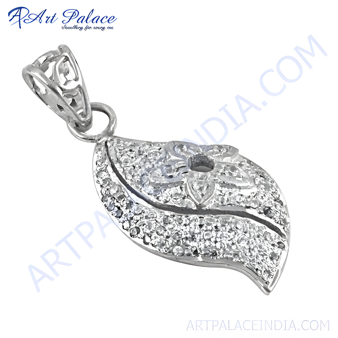 925 sterling silver leaf pendant with sparkling cubic zirconia stones.