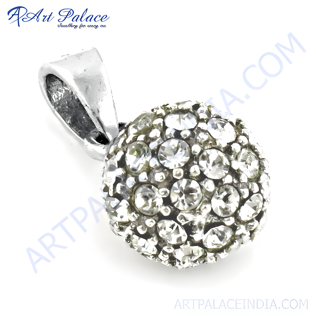 Silver round pendant covered in glittering crystals, perfect for women's jewelry gifts.