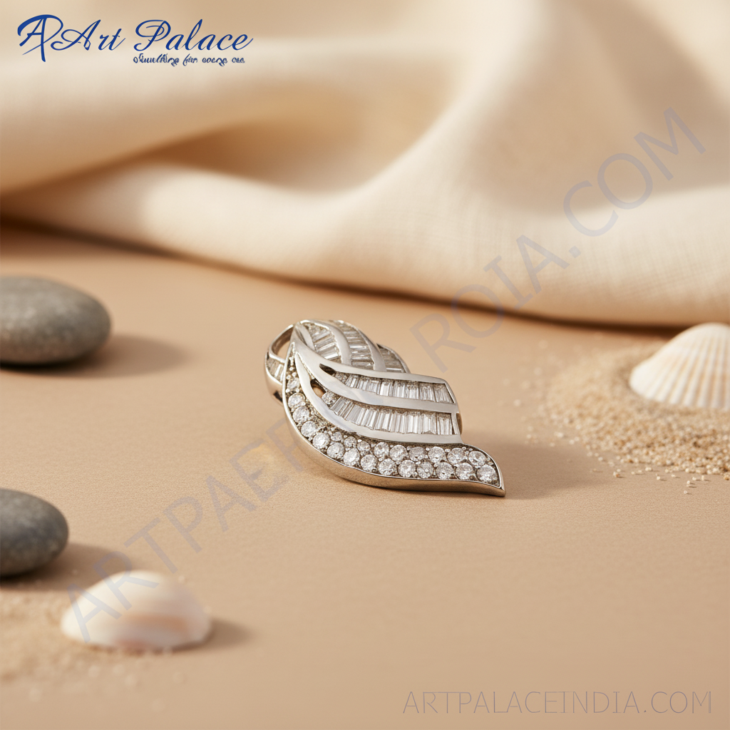 Silver Baguette and Round Cut Diamond Pendant for Women