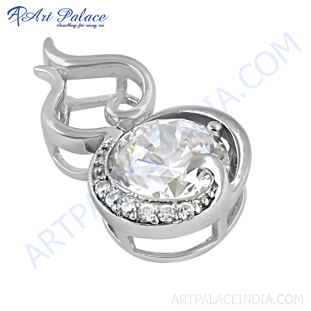 Sterling silver pendant with a large, clear cubic zirconia gemstone and smaller accent stones, set in a halo design.