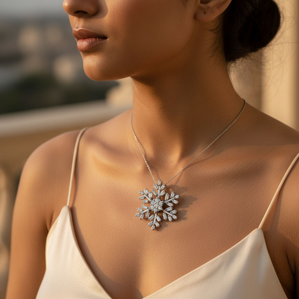 女士银色雪花吊坠 | 水晶首饰