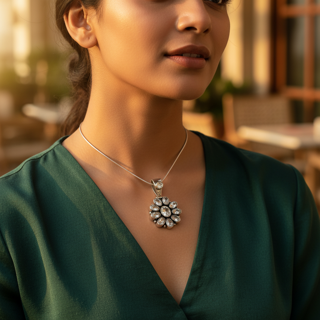 925 silver flower pendant with gemstones | women's jewelry gift