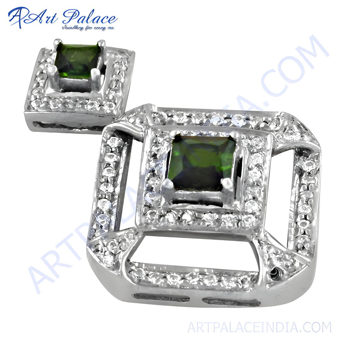 925 sterling silver square stud earrings with green gemstones and white cubic zirconia accents