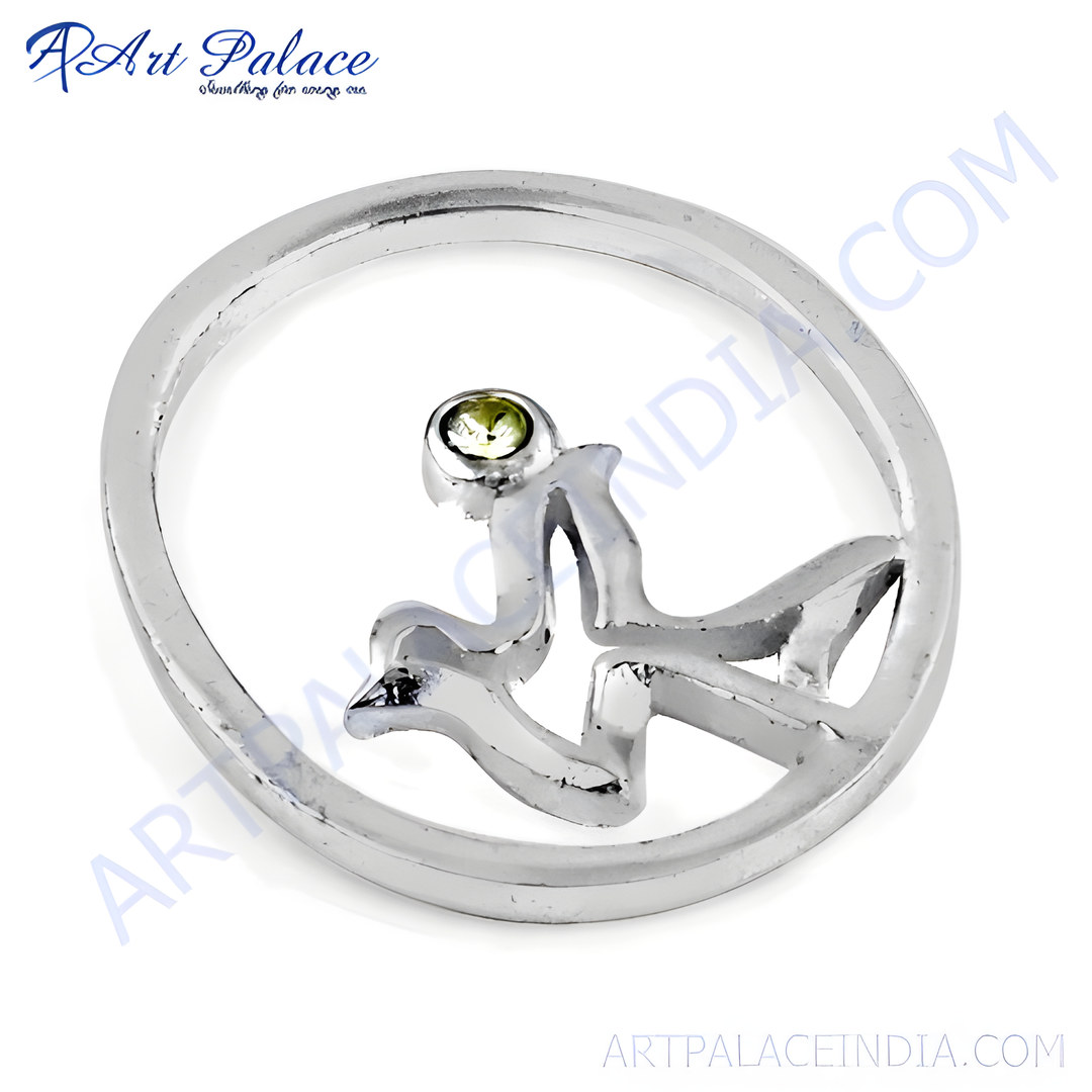 Sterling silver abstract ring with a green gemstone, perfect for women's jewelry.