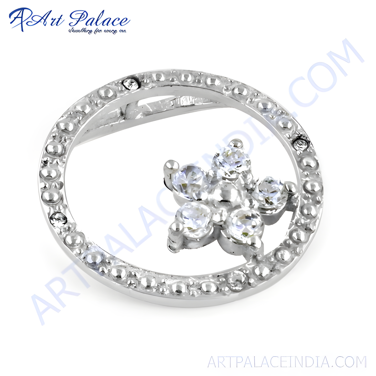 925 sterling silver circle pendant with cubic zirconia stones and a central cubic zirconia flower