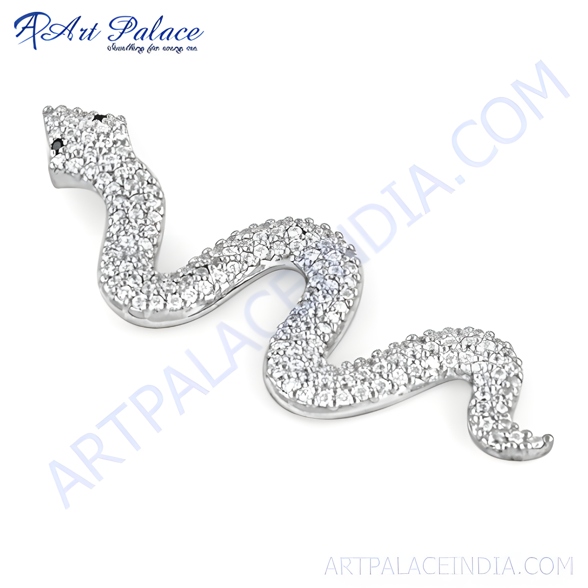 925 sterling silver snake pendant with sparkling cubic zirconia stones, white background