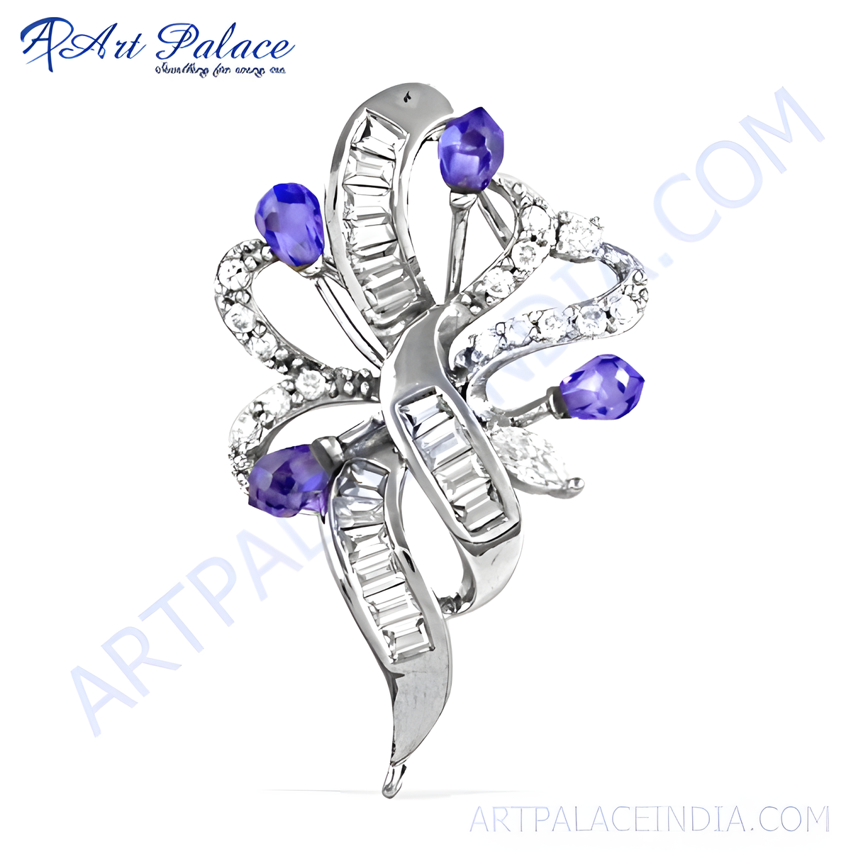 Silver brooch with tanzanite and diamond gemstones, a unique and elegant jewelry design