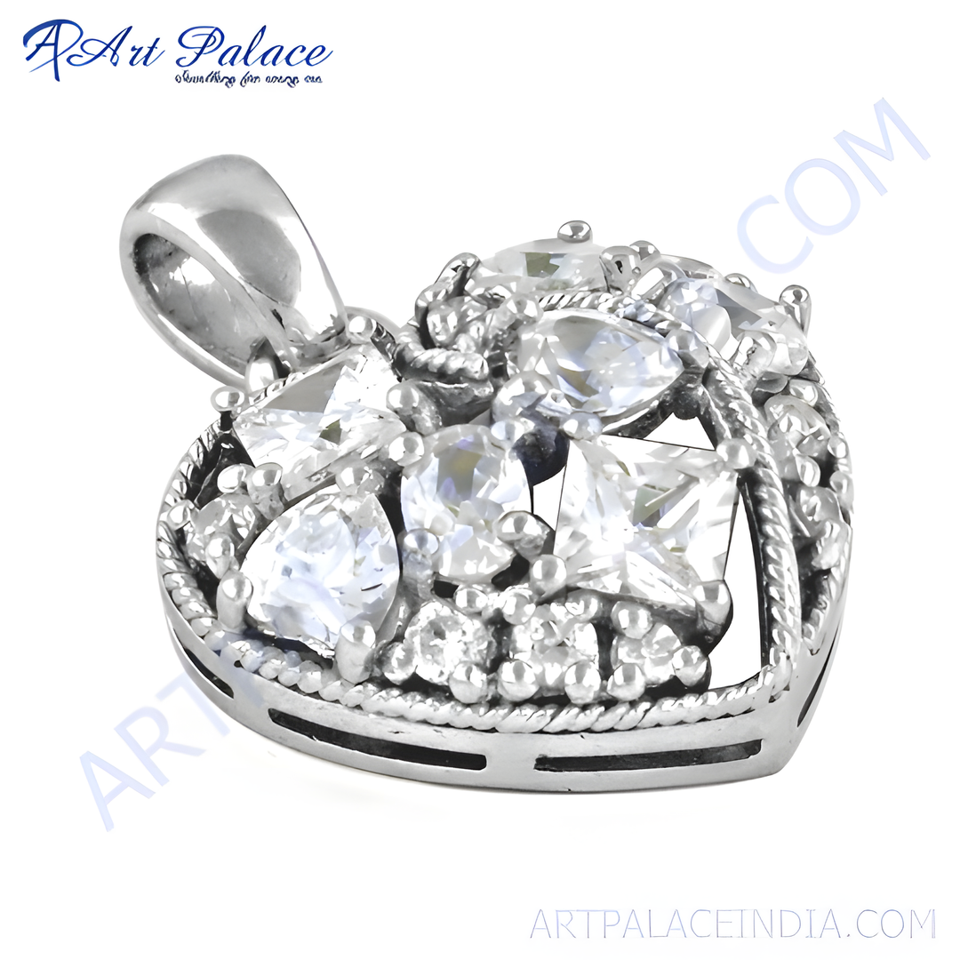 925 sterling silver heart pendant necklace with clear cubic zirconia stones.